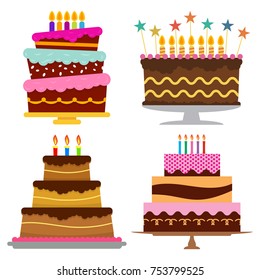 Set of four sweet birthday cake with burning candles. Colorful holiday dessert. Vector celebration background.
