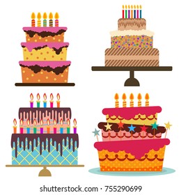 Set of four sweet birthday cake with burning candles. Colorful holiday dessert. Vector celebration background.
