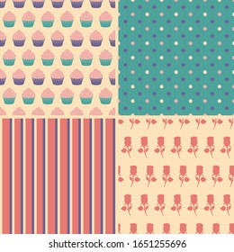 Set of the four sweet romantic seamless patterns. Vector illustration.