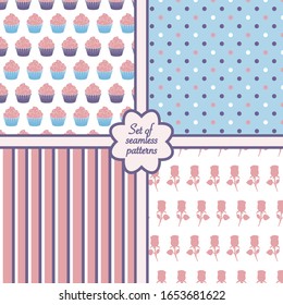 Set of the four sweet romantic seamless patterns. Vector illustration.