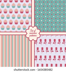 Conjunto de cuatro dulces y románticos patrones sin costura. Ilustración vectorial.