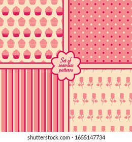 Conjunto de cuatro dulces y románticos patrones sin costura. Ilustración vectorial.