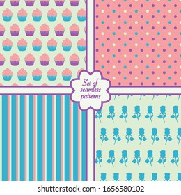 Set of the four sweet romantic seamless patterns. Vector illustration.