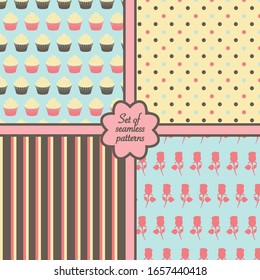 Conjunto de cuatro dulces y románticos patrones sin costura. Ilustración vectorial.