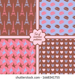 Set of the four sweet romantic seamless patterns. Vector illustration.