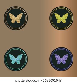 Un conjunto de cuatro emblemas de mariposa simétricos diseñados con geometría de estilo mosaico y bordes circulares concéntricos.