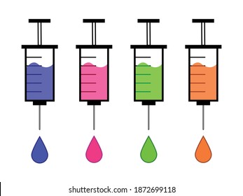 Conjunto de cuatro jeringas con diferentes medicamentos de diferentes colores. Ilustración vectorial del estilo plano del icono de inyección de jeringa médica. Ilustración vertical con la gota de medicina en las agujas. 