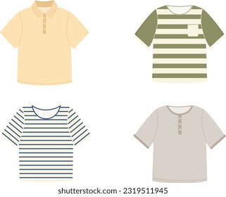 Juego de cuatro camisetas para el niño, hombre. Ropa de moda básica. Camisetas informales modernas. Ilustración vectorial aislada en fondo blanco.