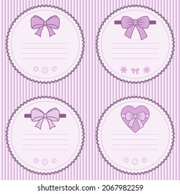 set of four tags for childrens goods on a striped background, flat vector graphics, pink palette