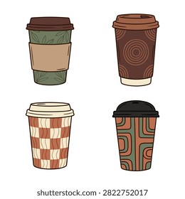 Set of four takeaway coffee cups with different artistic patterns
