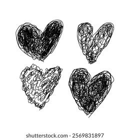 Set of four tangled grungy brush heart scribbles hand drawn with thin line. Isolated on white background. Vector