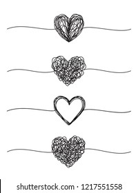 Set of four tangled grungy heart scribbles hand drawn with thin line, divider shape. Isolated on white background. Vector illustration