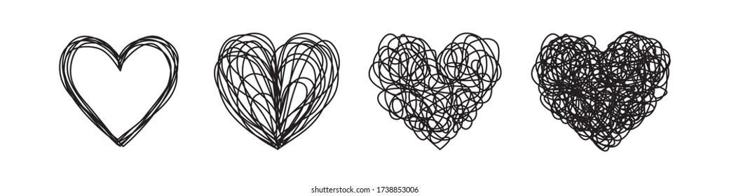 Set of four tangled grungy heart scribbles hand drawn with thin line. Isolated on white background. Vector illustration