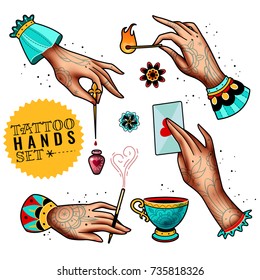 set of four tattooed hands holding various items on a white background