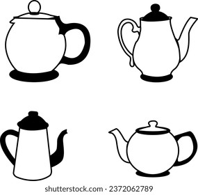 Set of Four Teapots Vector Collection | A vector collection featuring four teapots in different designs, perfect for tea enthusiasts and beverage-themed projects.