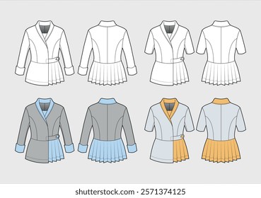 Set of Four Technical Fashion Illustrations of Women's Wrap-Style Blazers with Pleated Skirt Details