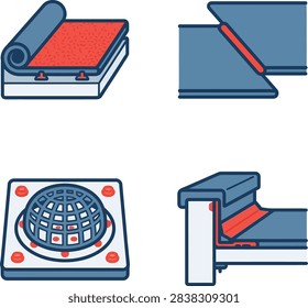 A set of four technical schematic icons illustrating various roofing installation and waterproofing construction details.