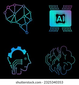 SET of Four technology icons vector, AI vector concept, 4 icons of AI generation illustration symbol, AI icons set for Artificial intelligence on dark backgroun