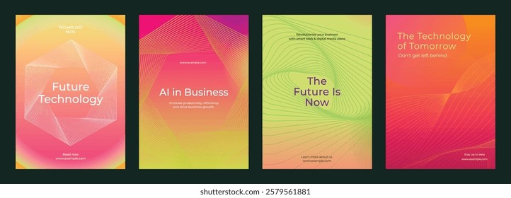 Set of four technology posters with abstract designs. Future technology, AI in business, and innovations. Bright colors and modern style. Digital transformation, colorful poster template vector set.