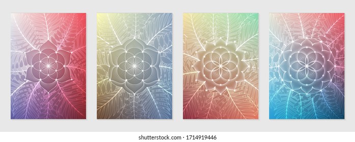 Conjunto de cuatro plantillas para tarjeta o póster, formato vertical; Geometría sagrada abstracta espiritual en fondos degradados; "Flor de vida", loto, plantas y hojas de palma; Yoga, meditación y relajación.