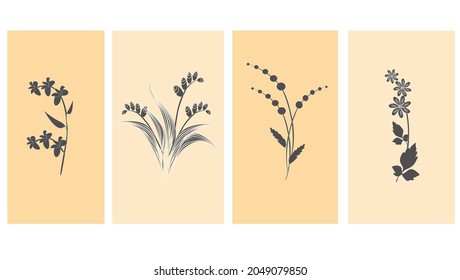 A set of four templates with botanical drawings on a yellow background. Vector illustration for card design, brochures, covers, wall decordecor