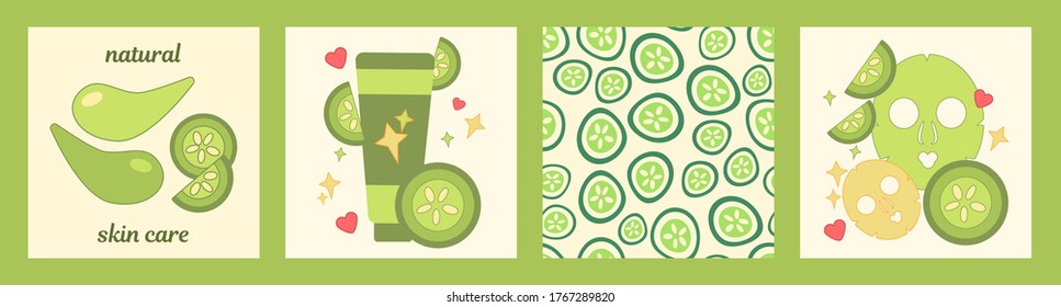 set of four templates with natural skin care based on cucumber. masks, eye patches and skin cream. Modern design for packaging, paper, fabric