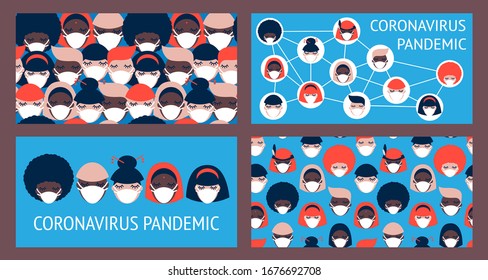 set of four templates with people of different nationalities in white medical face masks on blue background. Coronavirus pandemic. Covid-19.