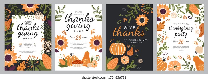 Set Of Four Templates For Thanks Giving Celebrations With Seasonal Fall Produce And Flowers Surrounding Central Copy Space And Text, Colored Vector Illustration