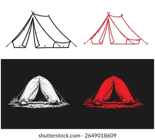 A set of four tent illustrations, featuring line art and shaded versions in black and red, showcasing camping equipment.