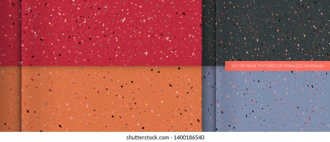 Set of four textures live coral color in the style of terrazzo venziano. Pattern for ceramics marble natural stone abstract background new pink modern