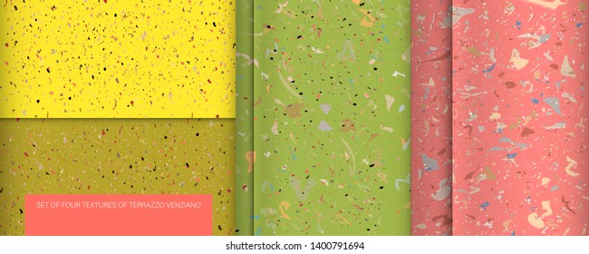 Set of four textures live coral color in the style of terrazzo venziano. Pattern for ceramics marble natural stone abstract background new pink and green