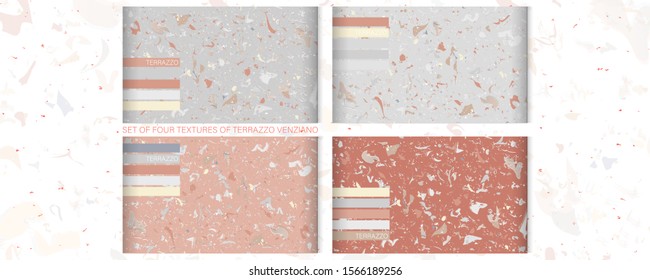 Set of four textures live coral color in the style of terrazzo venziano. Pattern for ceramics marble