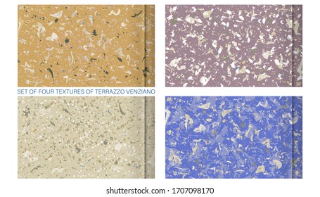 Conjunto de cuatro texturas de coral vivo, rojo, azul y negro en el estilo de terrazzo venziano. Patrón de piedra natural de mármol cerámico
