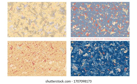Conjunto de cuatro texturas de coral vivo, rojo, azul y negro en el estilo de terrazzo venziano. Patrón de piedra natural de mármol cerámico