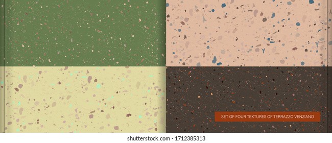Set of four textures live coral color in the style of terrazzo venziano. Pattern for ceramics marble natural stone abstract