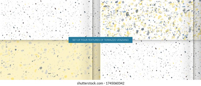 Set of four textures live coral color in the style of Terrazzo Venziano. Pattern for ceramics marble natural stone abstract