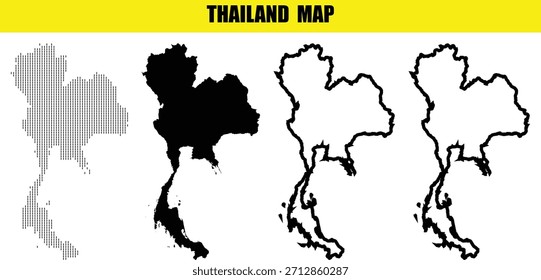 Set of four Thailand map outlines, solid fill, line art, and dotted fill styles
