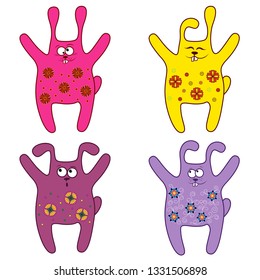 Set of four thick amusing Bunnies of different pattern, cartoon vector illustration 