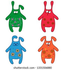 Set of four thick funny rabbit of different pattern, cartoon vector illustration 
