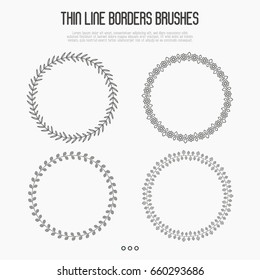Set of four thin line borders brushes with leaves for invitation, greeting card or logo. Vector illustration.