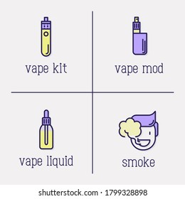 Set of four thin line icons: hipster is smoking, vape mod, kit, liquid. Vector illustration.