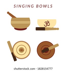 Set of four tibetan singing bowls isolated on white backgrond. Healing music and meditation. Vector flat illustration. 