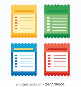 A set of four tickets in various colors displayed on a plain white background