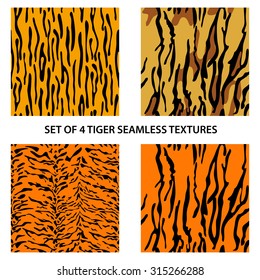 Set of four tiger seamless textures, red and orange skin with black stripes