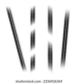 Set of four tire tracks with linear halftones isolated on white background
