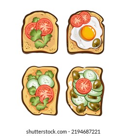 Conjunto de cuatro tostadas con tomates, aceitunas, pepinos, crema agria, perejil y pimienta y huevos. Ilustración vectorial de alimentos. 