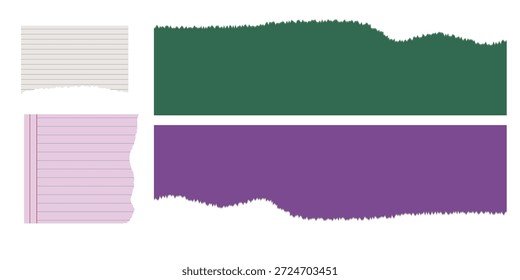 Conjunto de cuatro tiras de papel rasgadas, dos piezas de papel de nota alineadas y dos rectángulos de color sólido con bordes ásperos