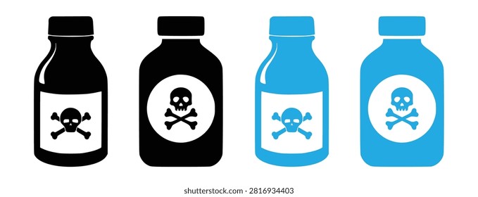 A set of four toxic substance containers two black and two blue each bearing a hazard symbol. Useful for conveying danger warnings or pharmaceutical risks.