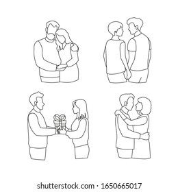 Set of four traditional couples of people in love.Men and women are in a happy relationship with each other. Line art vector illustration.