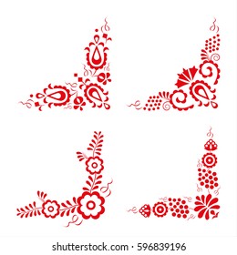 Set of four traditional folk ornaments, hungarian decorative pattern, red embroidery isolated on a white background, vector illustration